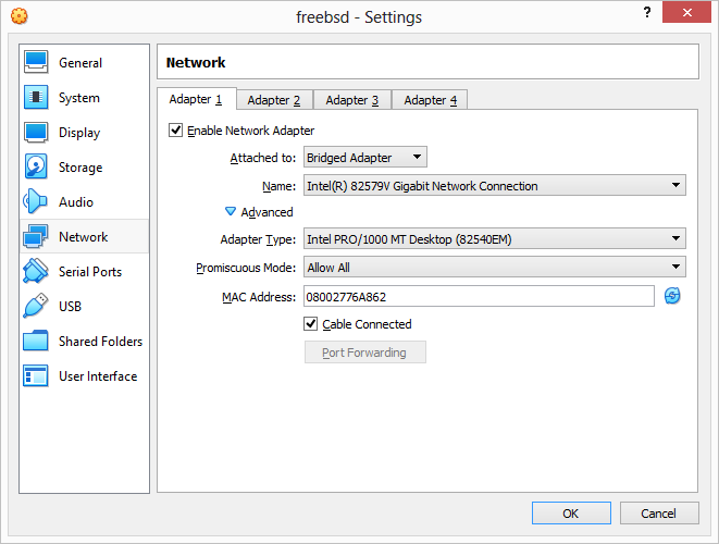 VirtualBox network settings