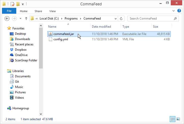 Commafeed folder in Windows explorer