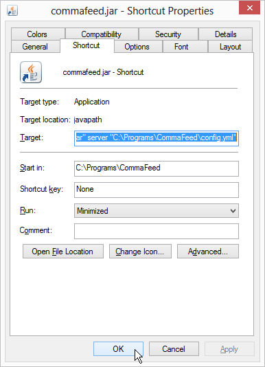 CommaFeed shortcut properties