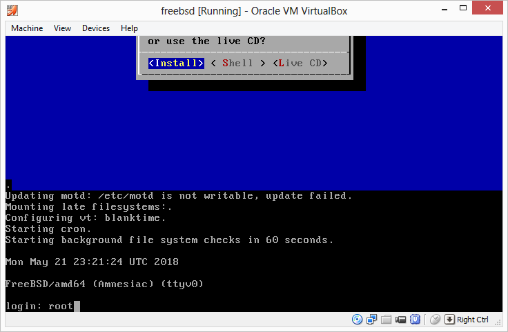 Press the [Esc] key and login as root