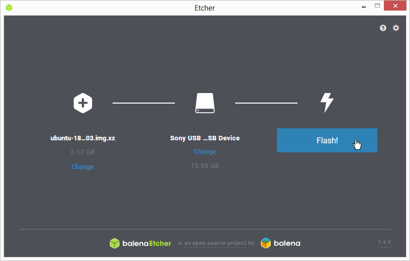 Burn the Ubuntu image to the microSD card using Etcher