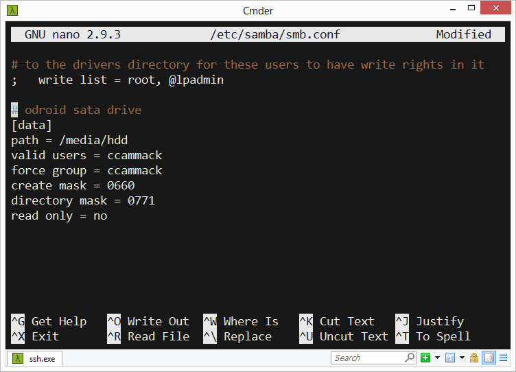 Edit Samba configuration using nano