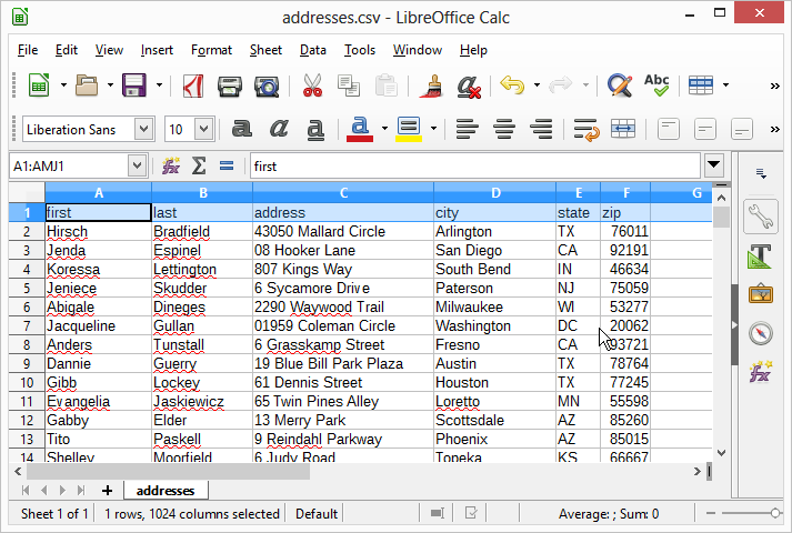 Sample address spreadsheet in LibreOffice Calc