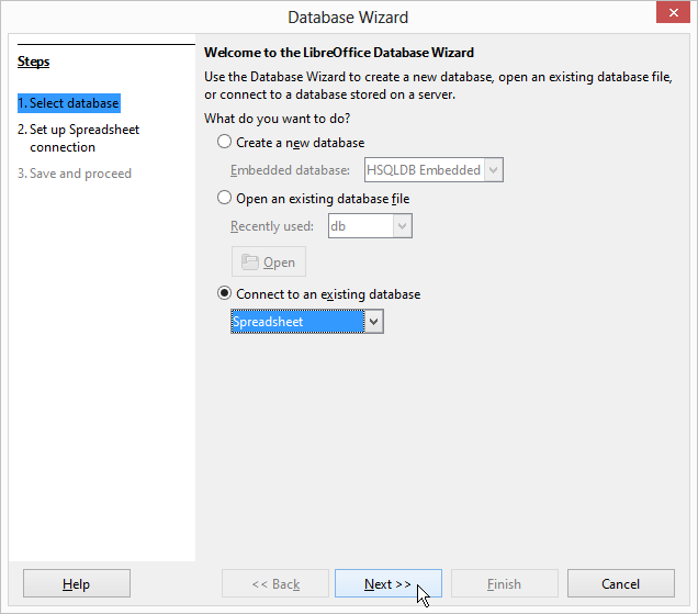 Database Wizard Step 1: Select database