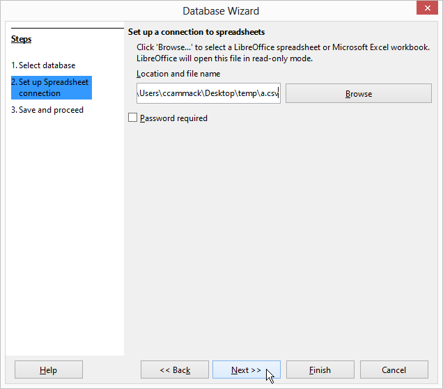 Database Wizard Step 2: Set up spreadsheet connection