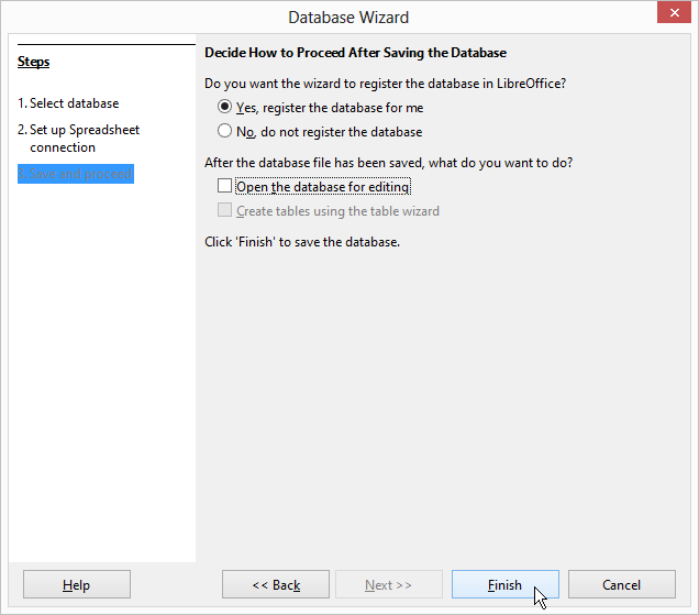 Database Wizard Step 3: Save and proceed