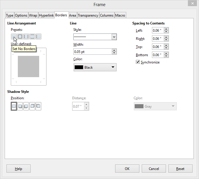 Frame Dialog: Borders tab settings