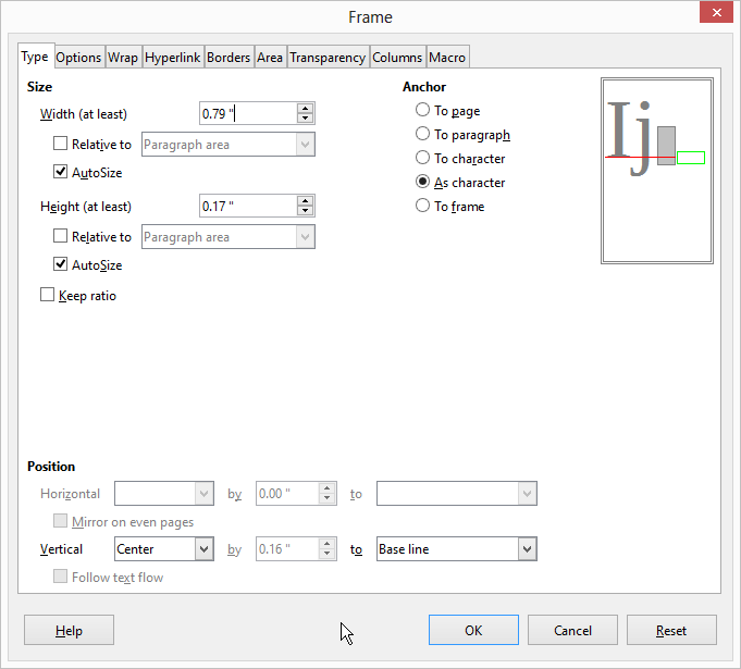 Frame Dialog: Type tab settings