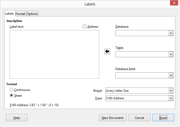 Labels tab: Set format, brand and type fields