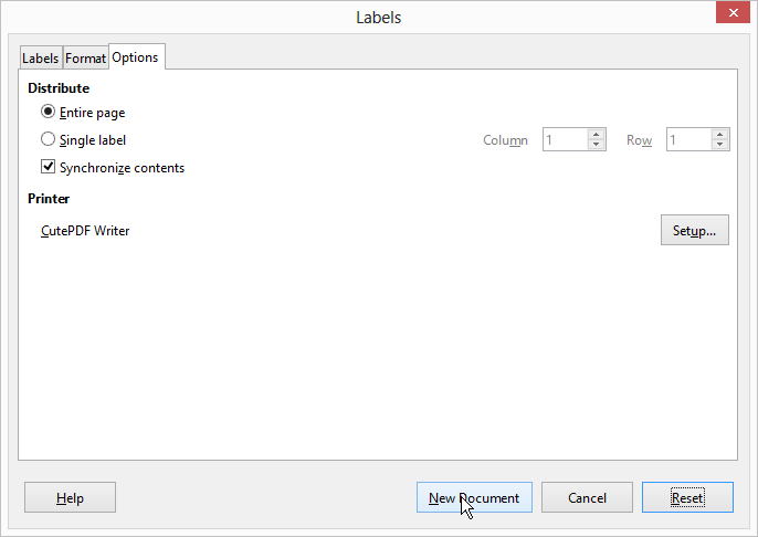 Options tab: Enable the Synchronize contents checkbox and press the New Document button