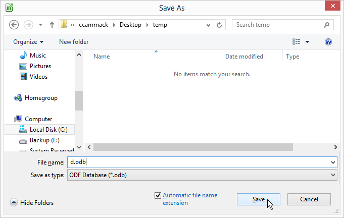 Save the new database file to the temporary folder