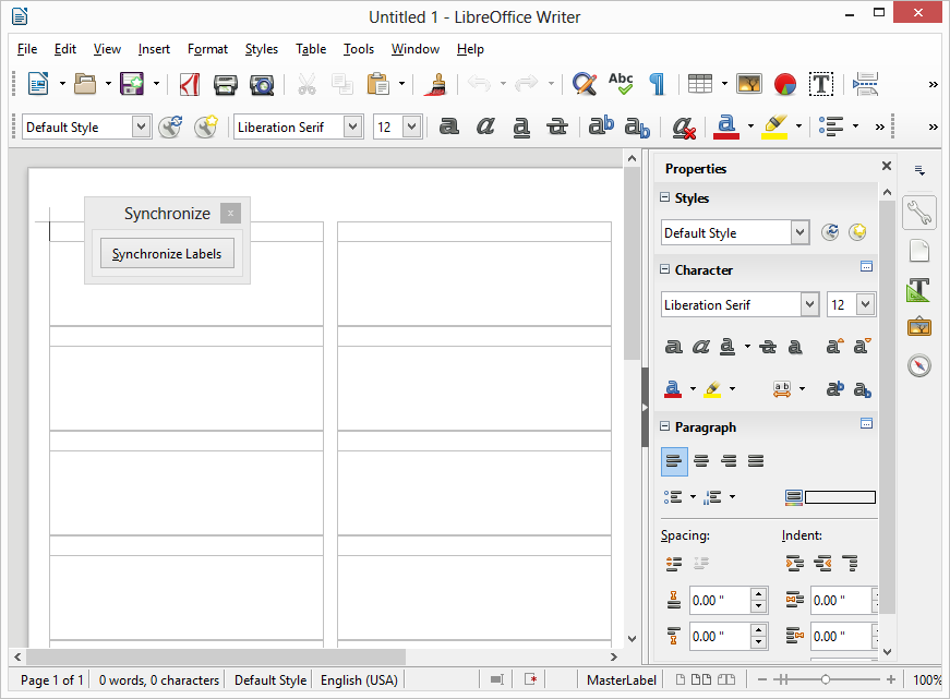 LibreOffice Writer document containing an array of blank labels